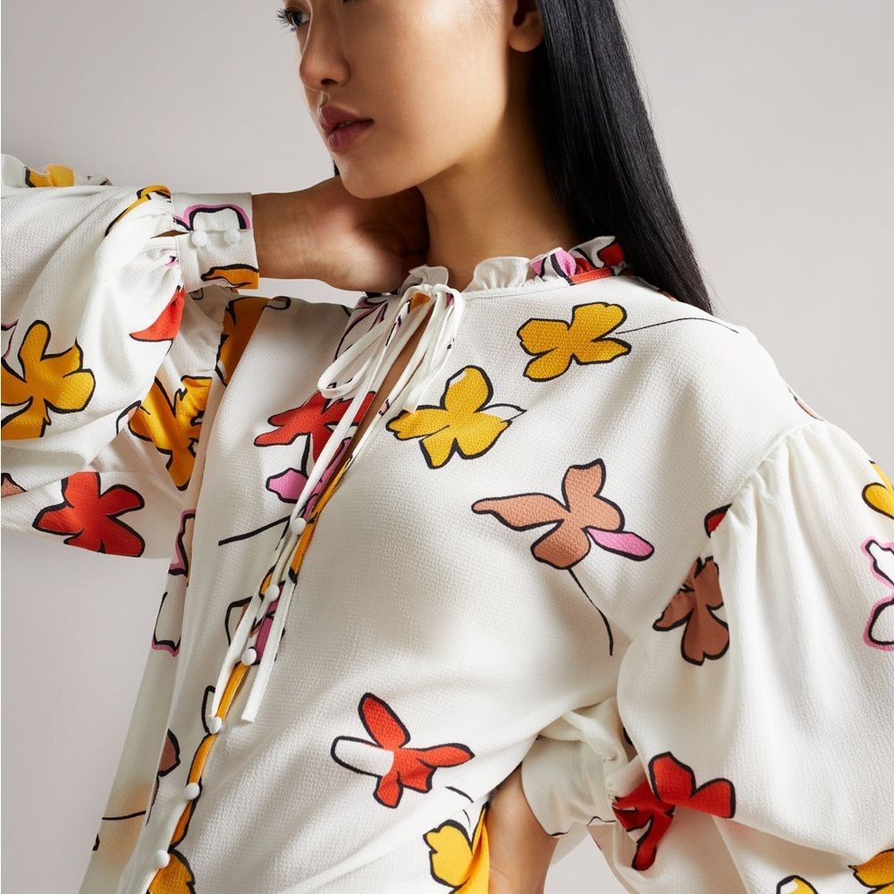 Ted Baker London Thurso Floral Print Stretch Woven Balloon Sleeve Blouse Size 4 - Picture 12 of 15